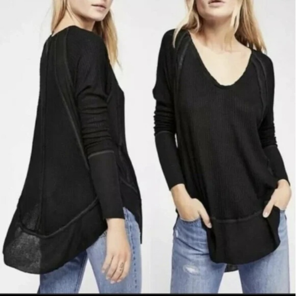 WE THE FREE Women Catalina Thermal Scoop Neck Tunic Sz M Black Boho Casual 69-12